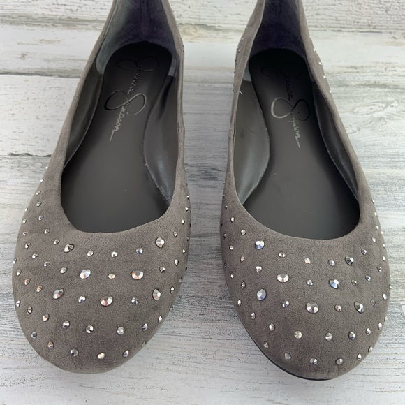 JESSICA SIMPSON Grey Suede Rhinestone Flats 10M - Picture 3 of 7